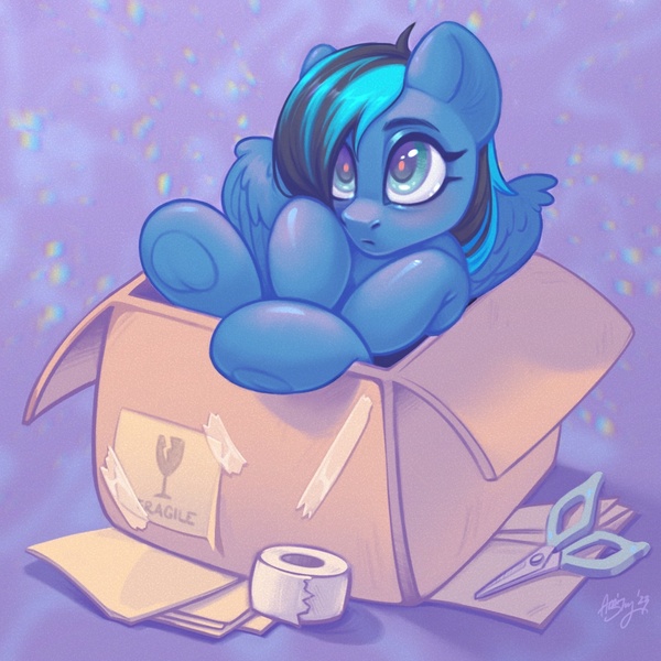 Size: 2048x2048 | Tagged: safe, artist:amishy, derpibooru import, oc, unofficial characters only, pegasus, pony, box, eyebrows, high res, image, jpeg, pegasus oc, pony in a box, scissors, signature, solo, tape, underhoof, wings
