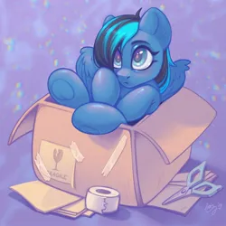 Size: 2048x2048 | Tagged: safe, artist:amishy, derpibooru import, oc, unofficial characters only, pegasus, pony, box, eyebrows, high res, image, jpeg, pegasus oc, pony in a box, scissors, signature, solo, tape, underhoof, wings
