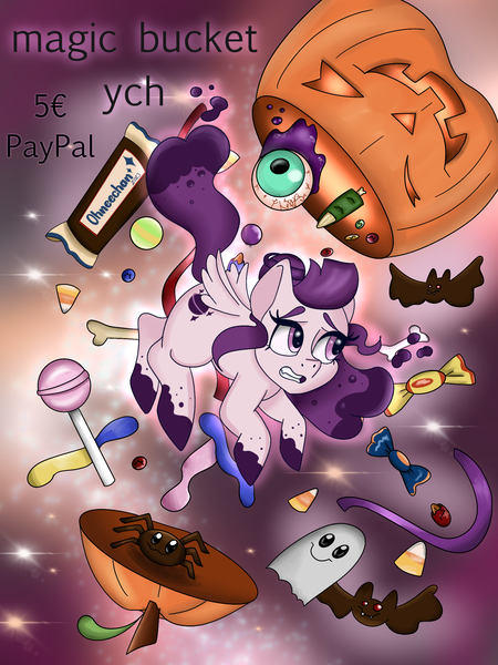 Size: 1620x2160 | Tagged: safe, artist:ohneechan, derpibooru import, oc, oc:space dust, unofficial characters only, pegasus, candy, candy corn, commission, floating, food, halloween, holiday, image, jack-o-lantern, lollipop, pegasus oc, png, pumpkin, watermark, wings, worried, ych example, your character here