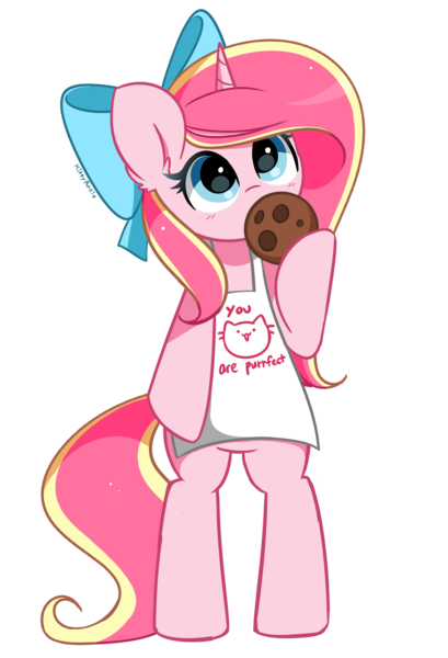 Size: 2196x3222 | Tagged: safe, artist:kittyrosie, derpibooru import, oc, oc:rosa flame, unofficial characters only, pony, semi-anthro, unicorn, apron, clothes, cookie, eating, food, high res, image, png, simple background, transparent background