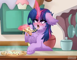 Size: 6000x4700 | Tagged: suggestive, artist:natanvok, derpibooru import, twilight sparkle, pony, unicorn, absurd resolution, blushing, chest fluff, ear fluff, eating, eye clipping through hair, eyebrows, eyebrows visible through hair, female, floppy ears, food, glow, glowing horn, heart, heart eyes, horn, image, indoors, levitation, magic, magic aura, mare, open mouth, pizza, png, solo, solo female, suggestive eating, telekinesis, tongue out, unicorn twilight, wingding eyes