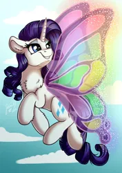 Size: 2894x4093 | Tagged: safe, artist:julunis14, derpibooru import, rarity, pony, unicorn, sonic rainboom (episode), butterfly wings, chest fluff, ear fluff, female, fluffy, flying, gossamer wings, grin, high res, horn, image, leg fluff, mare, png, sky, smiling, solo, spread wings, wings