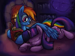 Size: 2392x1788 | Tagged: safe, artist:cazra, derpibooru import, rainbow dash, twilight sparkle, pegasus, pony, unicorn, 2015, book, commission, cuddling, cute, duo, duo female, eyes closed, female, fireplace, high res, horn, hug, image, lesbian, looking at someone, lying down, mare, old art, png, prone, reading, shipping, signature, sleeping, smiling, snuggling, twidash, underhoof, unicorn twilight, wing blanket, winghug, wings