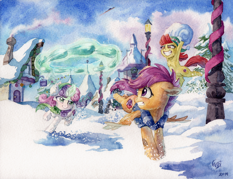 Size: 3289x2520 | Tagged: safe, artist:the-wizard-of-art, derpibooru import, apple bloom, scootaloo, sweetie belle, earth pony, pegasus, pony, unicorn, chest fluff, christmas, christmas tree, clothes, cutie mark, cutie mark crusaders, ear fluff, earmuffs, female, filly, floppy ears, foal, glow, glowing horn, grin, gritted teeth, hat, high res, holiday, hoof hold, horn, image, levitation, looking back, magic, magic aura, outdoors, png, ponyville, running, scared, scarf, signature, smiling, snow, snowball, snowball fight, spread wings, sweater, teeth, telekinesis, the cmc's cutie marks, traditional art, tree, trio, watercolor painting, wings, winter