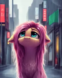 Size: 768x960 | Tagged: safe, derpibooru import, machine learning generated, stable diffusion, fluttershy, pegasus, pony, ai content, bust, chest fluff, city, crying, female, floppy ears, generator:purplesmart.ai, image, jpeg, looking up, mare, messy mane, outdoors, portrait, prompter:nightluna, rain, sad, solo, wet, wet mane