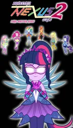 Size: 676x1180 | Tagged: safe, derpibooru import, applejack, fluttershy, pinkie pie, rainbow dash, rarity, sci-twi, sunset shimmer, twilight sparkle, human, equestria girls, black background, boots, clothes, cowboy boots, crystal guardian, eyes closed, glow, glowing eyes, high heel boots, humane five, humane seven, humane six, image, jpeg, ponied up, shoes, simple background, solo