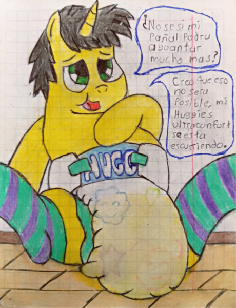 Size: 3068x3999 | Tagged: questionable, artist:bitter sweetness, derpibooru import, oc, oc:bitter sweetness, unofficial characters only, pony, unicorn, abdl, adult foal, clothes, diaper, diaper fetish, fetish, graph paper, green eyes, horn, image, male, non-baby in diaper, open mouth, open smile, pissing, png, poofy diaper, smiling, socks, spanish, spanish text, speech bubble, stallion, stallion oc, striped socks, traditional art, translated in the description, urine, used diaper, wet diaper, wetting, wetting diaper, wooden floor