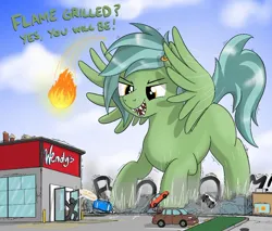 Size: 1024x873 | Tagged: safe, artist:qkersnll, derpibooru import, oc, oc:light touch, unofficial characters only, human, pegasus, pony, building, car, commission, destruction, fireball, giant pony, image, jpeg, macro, onomatopoeia, parking lot, pun, sharp teeth, sky, teeth, wendy's