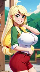 Size: 512x912 | Tagged: suggestive, derpibooru import, machine learning generated, stable diffusion, applejack, human, equestria girls, ai content, arm behind head, ass, big breasts, breasts, busty applejack, butt, clothes, female, freckles, hand on stomach, huge breasts, humanized, image, looking at you, missing accessory, png, prompter:cloudmaster316, shirt, shorts, smiling, smiling at you, solo, solo female
