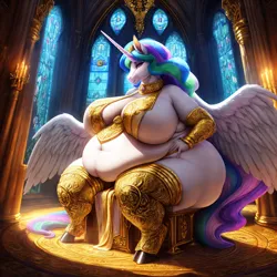Size: 1024x1024 | Tagged: suggestive, derpibooru import, machine learning generated, stable diffusion, princess celestia, alicorn, anthro, unguligrade anthro, ai content, bbw, belly, big belly, big breasts, breasts, busty princess celestia, chubbylestia, derpibooru exclusive, fat, fat ass, female, huge breasts, image, jewelry, large butt, missing cutie mark, morbidly obese, obese, png, prompter:professordoctorc, sitting, solo, solo female, spread wings, ssbbw, thighs, thunder thighs, wings