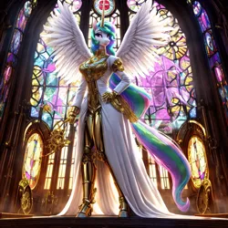 Size: 1024x1024 | Tagged: safe, derpibooru import, machine learning generated, stable diffusion, princess celestia, alicorn, anthro, unguligrade anthro, ai content, amputee, clothes, derpibooru exclusive, gold, image, jewelry, png, prompter:professordoctorc, prosthetic arm, prosthetic leg, prosthetic limb, prosthetics, robe, spread wings, stained glass, steampunk, wings