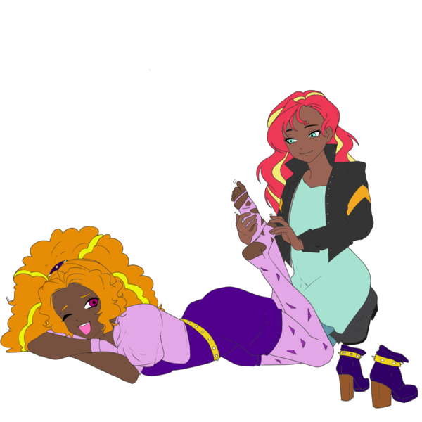 Size: 3072x3072 | Tagged: safe, artist:cryweas, artist:icey-wicey-1517, color edit, derpibooru import, edit, adagio dazzle, sunset shimmer, human, alternate hairstyle, barefoot, belt, boots, clothes, collaboration, colored, dark skin, discarded clothing, dress, duo, feet, female, fetish, fingerless gloves, foot fetish, gloves, hairband, high heel boots, humanized, image, jacket, kneeling, leather, leather jacket, lesbian, lying down, one eye closed, open mouth, png, prone, ripped stockings, shipping, shoes, shoes removed, shorts, simple background, socks, soles, stockings, sunsagio, thigh highs, tickle torture, tickling, toes, torn clothes, torn socks, transparent background