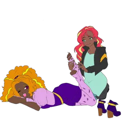 Size: 3072x3072 | Tagged: safe, artist:cryweas, artist:icicle-wicicle-1517, color edit, derpibooru import, edit, adagio dazzle, sunset shimmer, human, alternate hairstyle, barefoot, belt, boots, clothes, collaboration, colored, dark skin, discarded clothing, dress, duo, feet, female, fetish, fingerless gloves, foot fetish, gloves, hairband, high heel boots, humanized, image, jacket, kneeling, leather, leather jacket, lesbian, lying down, one eye closed, open mouth, png, prone, ripped stockings, shipping, shoes, shoes removed, shorts, simple background, socks, soles, stockings, sunsagio, thigh highs, tickle torture, tickling, toes, torn clothes, torn socks, transparent background