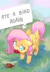 Size: 1705x2434 | Tagged: semi-grimdark, artist:shevr, derpibooru import, fluttershy, bird, pegasus, pony, blood, blood on face, carnivore, eating, folded wings, food, high angle, image, meat, png, ponies eating meat, solo, wings