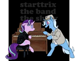 Size: 2048x1621 | Tagged: safe, artist:shevr, derpibooru import, starlight glimmer, trixie, pony, unicorn, duo, female, hat, image, lesbian, musical instrument, ntbts, piano, png, reference, semi-transparent, shipping, startrix