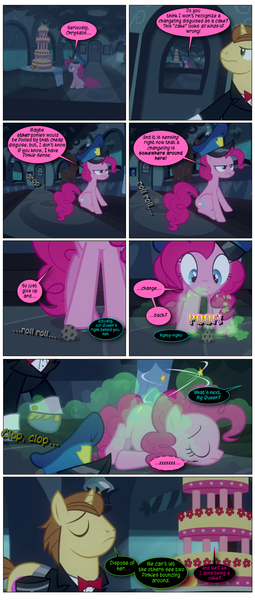 Size: 868x2046 | Tagged: safe, artist:dziadek1990, derpibooru import, edit, edited screencap, screencap, pinkie pie, queen chrysalis, earth pony, pony, mmmystery on the friendship express, bait and switch, cake, comic, conversation, dialogue, disguise, disguised changeling, female, food, image, indoors, male, mare, marzipan mascarpone meringue madness, png, screencap comic, stallion, text, train