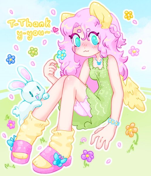 Size: 1764x2048 | Tagged: safe, artist:ibbledribble, derpibooru import, angel bunny, fluttershy, human, rabbit, alternate versions at source, animal, bracelet, clothes, dress, eared humanization, flower, humanized, image, jewelry, jpeg, light skin, winged humanization, wings