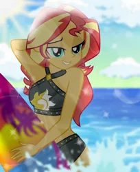 Size: 4944x6048 | Tagged: safe, artist:emeraldblast63, derpibooru import, sunset shimmer, human, equestria girls, arm behind head, bedroom eyes, bikini, clothes, grin, image, lens flare, looking at you, ocean, png, smiling, solo, surfboard, swimsuit, water