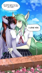 Size: 2000x3500 | Tagged: safe, artist:carbutt69, derpibooru import, oc, oc:cannon car, oc:olive gale, unofficial characters only, anthro, bat pony, pegasus, background, bat wings, blushing, breasts, clothes, cute, dialogue, ear piercing, female, image, imminent kissing, industrial piercing, lesbian, lesbian couple, love confession, multicolored mane, oc x oc, painted nails, piercing, png, school uniform, shipping, skirt, wholesome, wings