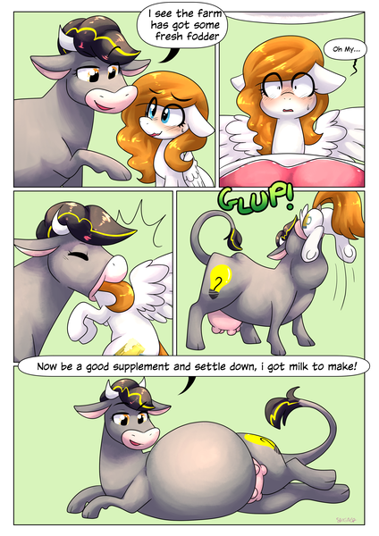 Size: 2894x4093 | Tagged: questionable, artist:doomfister, artist:shoelace, derpibooru import, oc, oc:bug-zapper, oc:buzzy brew, cow, pegasus, pony, image, oral vore, png, story in the source, vore