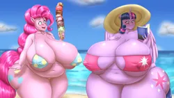 Size: 3500x1980 | Tagged: suggestive, artist:blues64, artist:marauder6272, derpibooru import, pinkie pie, twilight sparkle, twilight sparkle (alicorn), alicorn, anthro, earth pony, bbw, belly, belly button, big belly, big breasts, bikini, book, breasts, busty pinkie pie, busty twilight sparkle, clothes, duo, erect nipples, fat, female, females only, food, hat, huge breasts, ice cream, ice cream cone, image, impossibly large breasts, nipple outline, png, pudgy pie, sun hat, swimsuit, thighs, thunder thighs, twilard sparkle, wide hips