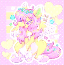 Size: 2003x2048 | Tagged: safe, artist:ibbledribble, derpibooru import, fluttershy, pegasus, pony, alternate design, floral head wreath, flower, image, jpeg, solo