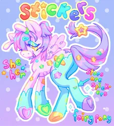 Size: 1851x2048 | Tagged: safe, artist:ibbledribble, derpibooru import, oc, oc:stickers, unofficial characters only, fairy, fairy pony, original species, pony, antenna, antennae, fairy pony oc, image, jpeg, pronouns, solo, sticker