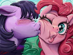 Size: 4745x3588 | Tagged: safe, artist:stencilfim, derpibooru import, pinkie pie, twilight sparkle, alicorn, pony, blushing, duo, duo female, eyes closed, female, horn, image, jpeg, kiss on the cheek, kissing, lesbian, outdoors, shipping, twinkie