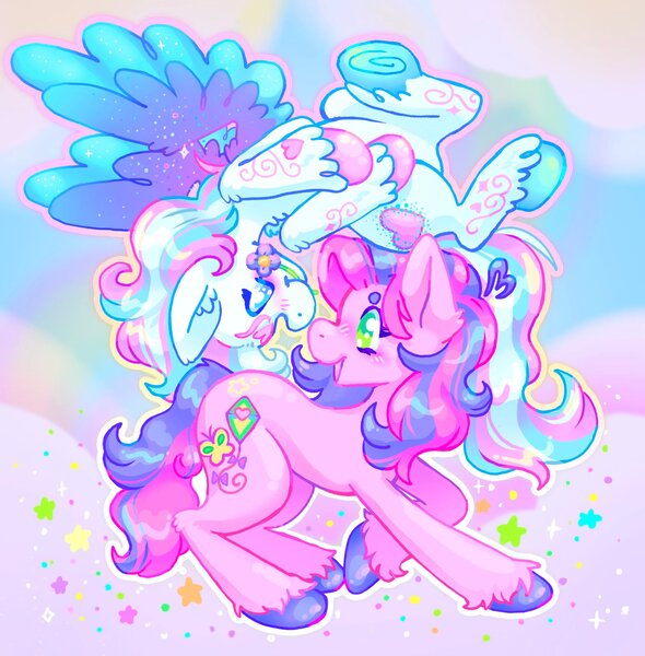 Size: 2014x2048 | Tagged: safe, artist:ibbledribble, derpibooru import, skywishes, star catcher, earth pony, pegasus, pony, g3, blushing, duo, female, flower, flower in mouth, image, jpeg, lesbian, looking at each other, looking at someone, mouth hold, shipping, skycatcher