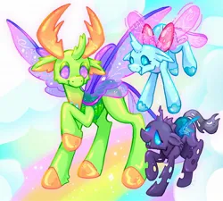 Size: 2048x1843 | Tagged: safe, artist:ibbledribble, derpibooru import, ocellus, thorax, changedling, changeling, flying, image, jpeg, king thorax, trio