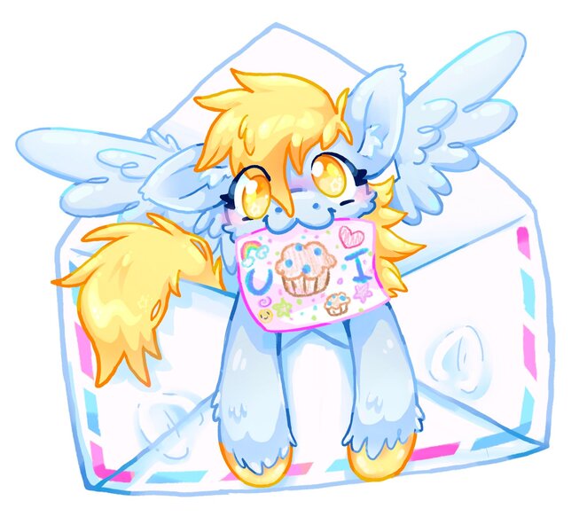 Size: 2048x1856 | Tagged: safe, artist:ibbledribble, derpibooru import, derpy hooves, pegasus, pony, :3, blushing, cute, daaaaaaaaaaaw, drawing, food, image, jpeg, letter, looking at you, muffin, paper, simple background, solo, spread wings, starry eyes, white background, wingding eyes, wings