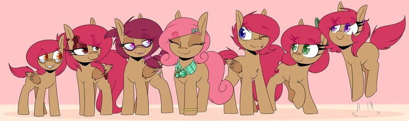 Size: 2048x608 | Tagged: safe, artist:lockheart, derpibooru import, oc, oc:cherry sweetheart, oc:stella cherry, unofficial characters only, earth pony, pegasus, pony, eye clipping through hair, eyebrows, eyebrows visible through hair, eyes closed, female, glasses, image, jpeg, lidded eyes, male, mare, one eye closed, pink background, pronking, simple background, smiling, stallion