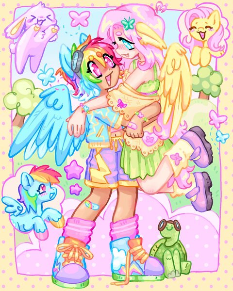 Size: 1440x1800 | Tagged: safe, artist:ibbledribble, derpibooru import, fluttershy, rainbow dash, human, pegasus, pony, eared humanization, female, flutterdash, goggles, goggles on head, holding, humanized, image, jpeg, lesbian, light skin, shipping, tan skin, winged humanization, wings