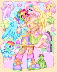 Size: 1440x1800 | Tagged: safe, artist:ibbledribble, derpibooru import, fluttershy, rainbow dash, human, pegasus, pony, eared humanization, female, flutterdash, goggles, goggles on head, holding, humanized, image, jpeg, lesbian, light skin, shipping, tan skin, winged humanization, wings