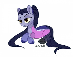 Size: 1920x1497 | Tagged: safe, artist:arshe12, derpibooru import, earth pony, pony, armor, bodysuit, boots, clothes, female, image, lying down, mare, markings, overalls, overwatch, png, prone, shoes, simple background, solo, transparent background, unshorn fetlocks, widowmaker