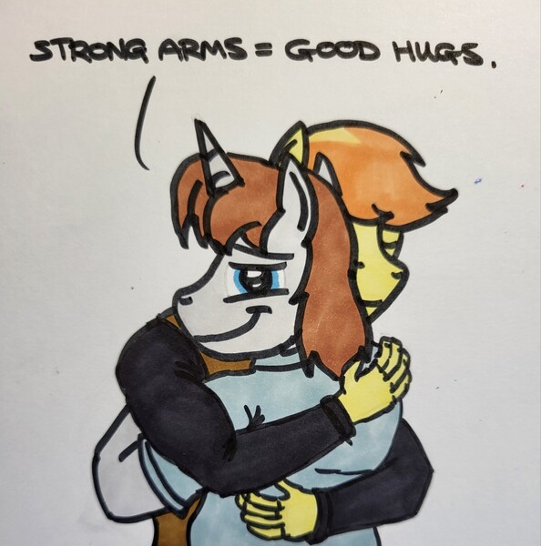 Size: 2028x2048 | Tagged: safe, artist:hoofclid, derpibooru import, braeburn, oc, oc:hoofclid, anthro, earth pony, unicorn, canon x oc, gay, hug, image, jpeg, looking at you, looking back, looking back at you, male, shipping, smiling, smiling at you, traditional art