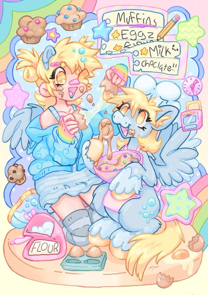 Size: 1448x2048 | Tagged: safe, artist:ibbledribble, derpibooru import, derpy hooves, human, pegasus, pony, bandaid, bandaid on nose, batter, cake batter, clothes, duo, egg (food), flour, food, hairclip, humanized, image, jpeg, muffin, paper, pencil, socks, spoon, thigh highs, wooden spoon