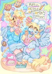 Size: 1448x2048 | Tagged: safe, artist:ibbledribble, derpibooru import, derpy hooves, human, pegasus, pony, bandaid, bandaid on nose, batter, cake batter, clothes, duo, egg (food), flour, food, hairclip, humanized, image, jpeg, muffin, paper, pencil, socks, spoon, thigh highs, wooden spoon