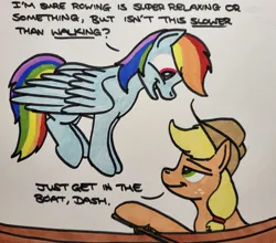 Size: 2048x1801 | Tagged: safe, artist:hoofclid, derpibooru import, applejack, rainbow dash, earth pony, pegasus, pony, appledash, boat, dialogue, duo, female, flying, image, jpeg, lesbian, looking at each other, looking at someone, mare, rowboat, shipping, smiling, smiling at each other, traditional art