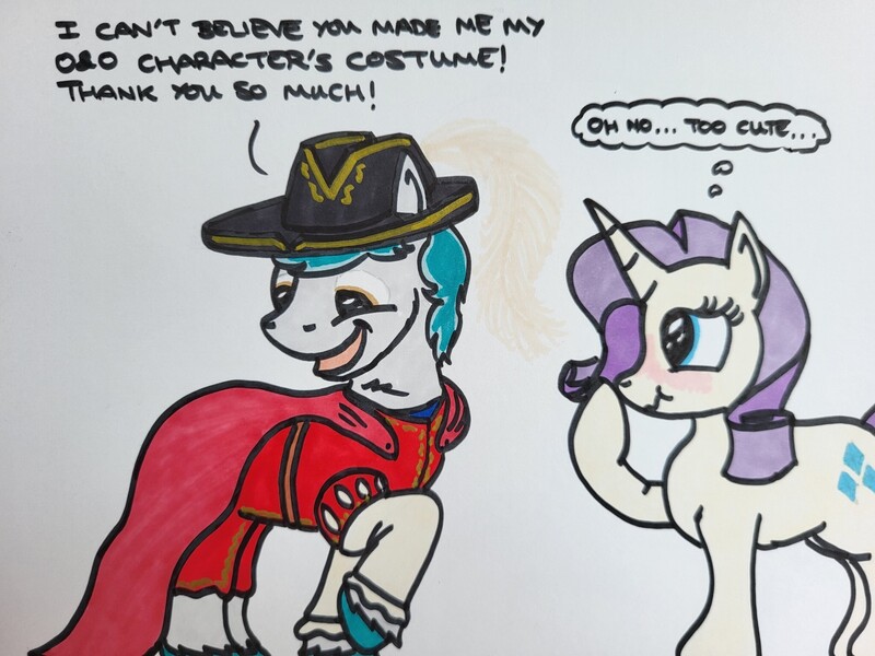 Size: 2048x1536 | Tagged: safe, artist:hoofclid, derpibooru import, rarity, oc, oc:buckler, earth pony, pony, unicorn, blushing, canon x oc, cape, clothes, costume, dialogue, female, hat, image, jpeg, looking back, male, mare, shipping, stallion, straight, thought bubble