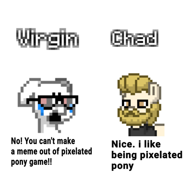 Size: 1264x1246 | Tagged: safe, artist:dematrix, derpibooru import, ponified, pony, pony town, chad, crying, image, jpeg, meme, nordic gamer, ponified meme, simple background, soyjak, text, virgin, white background, wojak