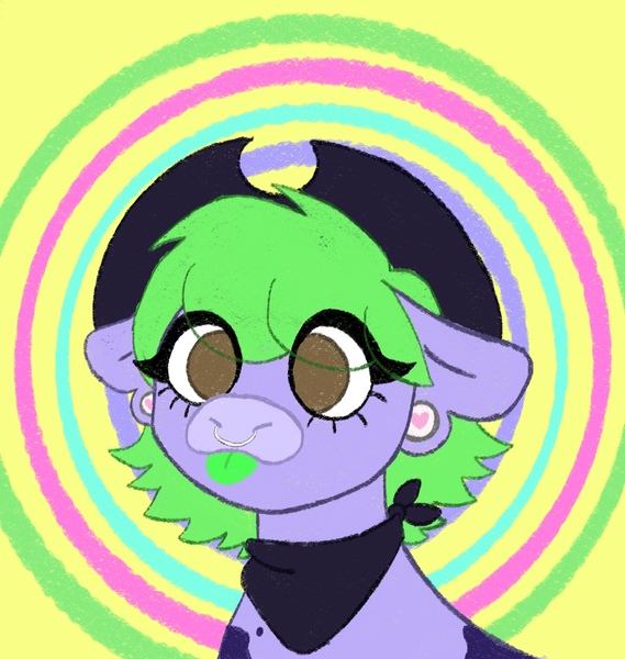 Size: 2425x2555 | Tagged: safe, artist:sillybugdrawz, derpibooru import, cow, bandana, cowboy hat, cross-eyed, ear piercing, gauges, hat, image, jpeg, piercing, silly, silly face, simple background, tongue out