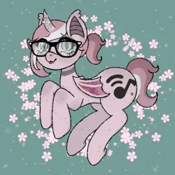 Size: 1000x1000 | Tagged: safe, artist:sillybugdrawz, derpibooru import, oc, oc:marshmallow, bat pony, crystal pony, art trade, background, choker, crystal horn, crystal wings, cute, freckles, glasses, horn, image, png, ponytail, thick, wings