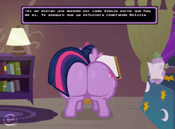 Size: 1280x940 | Tagged: suggestive, artist:dinowo, derpibooru import, twilight sparkle, dragon, pony, unicorn, animated, bed, bedroom, bookshelf, butt, desk, duo, featureless crotch, glow, glowing horn, horn, image, lamp, levitation, magic, multitasking, on bed, plushie, quill, reading, sitting, sitting on bed, solo focus, spanish, spanish text, telekinesis, the ass was fat, translation request, twerking, twibutt, unicorn twilight, webm, wide hips, writing