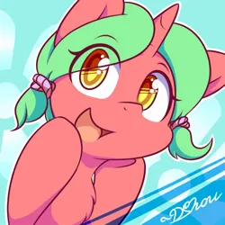 Size: 500x500 | Tagged: safe, artist:dshou, derpibooru import, oc, unofficial characters only, pony, unicorn, bust, chest fluff, eye clipping through hair, female, hooves on cheeks, image, jpeg, mare, open mouth, open smile, pigtails, portrait, smiling, solo