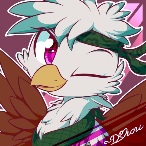 Size: 500x500 | Tagged: safe, artist:dshou, derpibooru import, oc, unofficial characters only, gryphon, bandana, bust, image, jpeg, looking at you, one eye closed, pink eyes, portrait, solo, spread wings, wings, wink