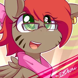 Size: 500x500 | Tagged: safe, artist:dshou, derpibooru import, oc, oc:bwae, unofficial characters only, pegasus, pony, bow, bust, clothes, ear piercing, glasses, image, jpeg, open mouth, open smile, piercing, portrait, scarf, smiling, solo, stripes