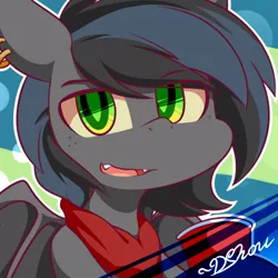 Size: 500x500 | Tagged: safe, artist:dshou, derpibooru import, oc, oc:notde, unofficial characters only, bat pony, pony, bandana, bust, cup, ear piercing, green eyes, image, jpeg, looking at you, open mouth, piercing, portrait, smiling, solo