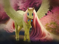 Size: 1200x900 | Tagged: safe, machine learning assisted, ponerpics import, ponybooru import, fluttershy, pegasus, pony, ai content, digital art, edited photo, female, fluffy, image, jewelry, jpeg, long hair, long mane, long tail, looking at you, mare, oil painting, photo, ponified animal photo, semi-realistic, solo, spread wings, toy, traditional art, wings