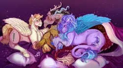 Size: 1200x666 | Tagged: safe, artist:bunnari, derpibooru import, discord, oc, oc:exist, oc:stell, draconequus, hippogriff, hybrid, pony, unicorn, bed, bisexual, blushing, canon x oc, claws, cloven hooves, crossed hooves, cute, female, fluffy, gay, griffequus, hooves, image, jpeg, lying down, male, paws, pillow, polyamory, prone, shipping, straight, wings